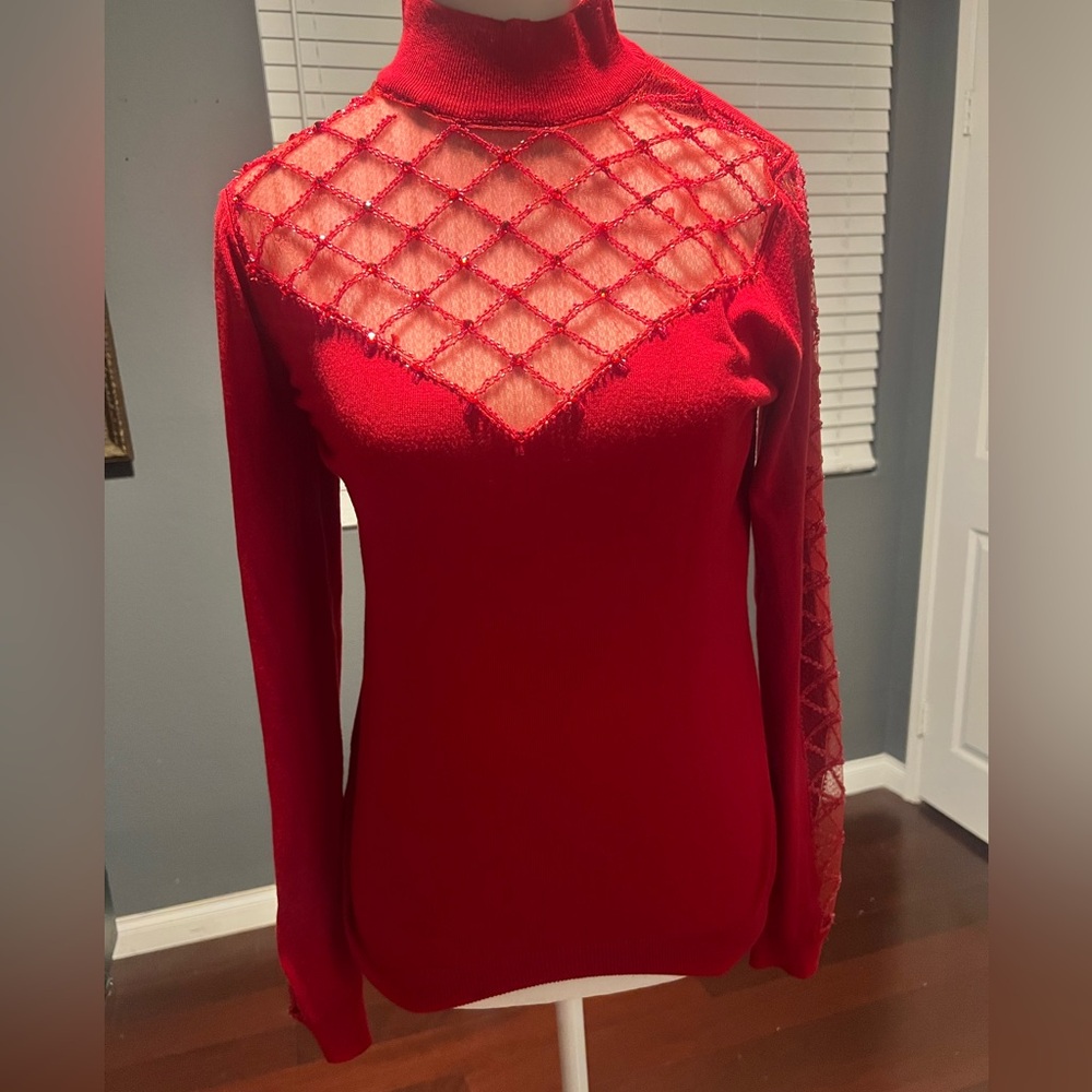 Elegant Red Lace Women's Blouse With Beaded Design. Size S